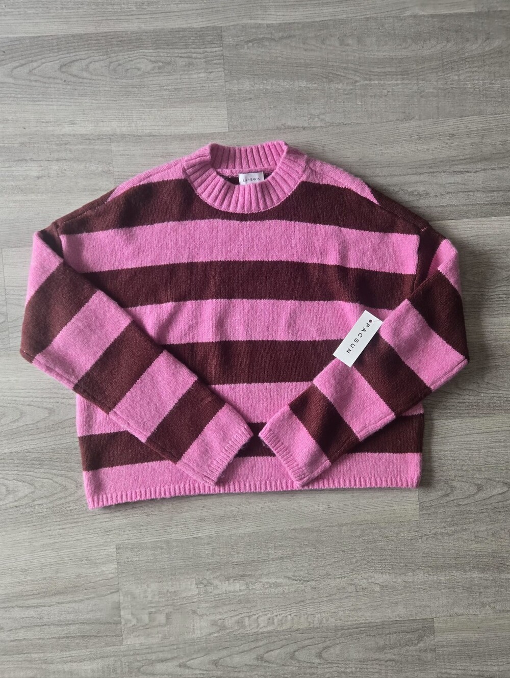 La Hearts Pink & Brown Striped Crewneck Sweater, Size Small, Brand New !